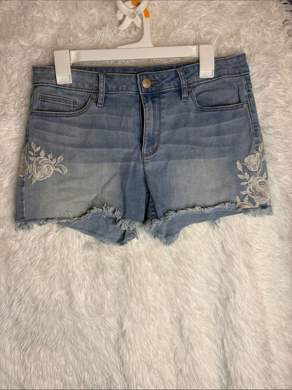 a.n.a Light Blue Floral Embroidered Frayed Hem Denim Shorts